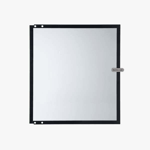 Bambu Lab front glass door for 3D printers, transparent protective cover with black frame, part of Bambu Lab printer accessories.