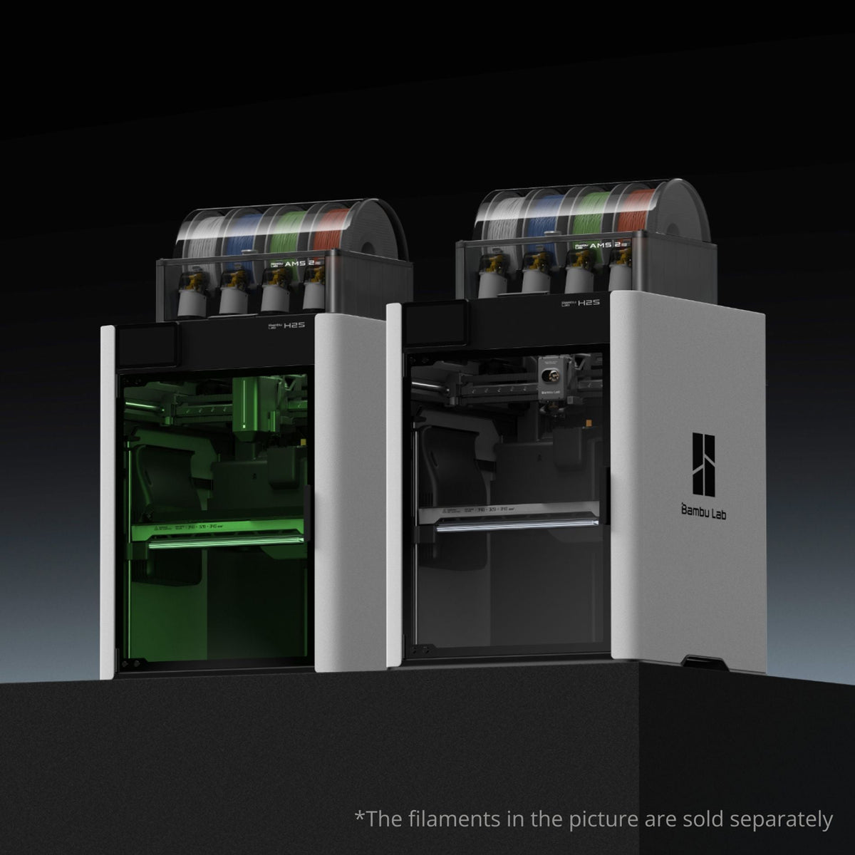 Bambu Lab H2S Series H2S-9-1 3D printer with AMS 2 Pro automatic material system, featuring a sleek design and advanced features.