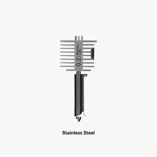 Bambu Lab A1 Series hotend and nozzle in stainless steel, 0.4mm diameter, for 3D printing extruders.