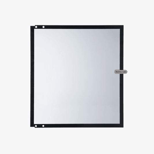 Bambu Lab front glass door for 3D printers, transparent protective cover with black frame, part of Bambu Lab printer accessories.