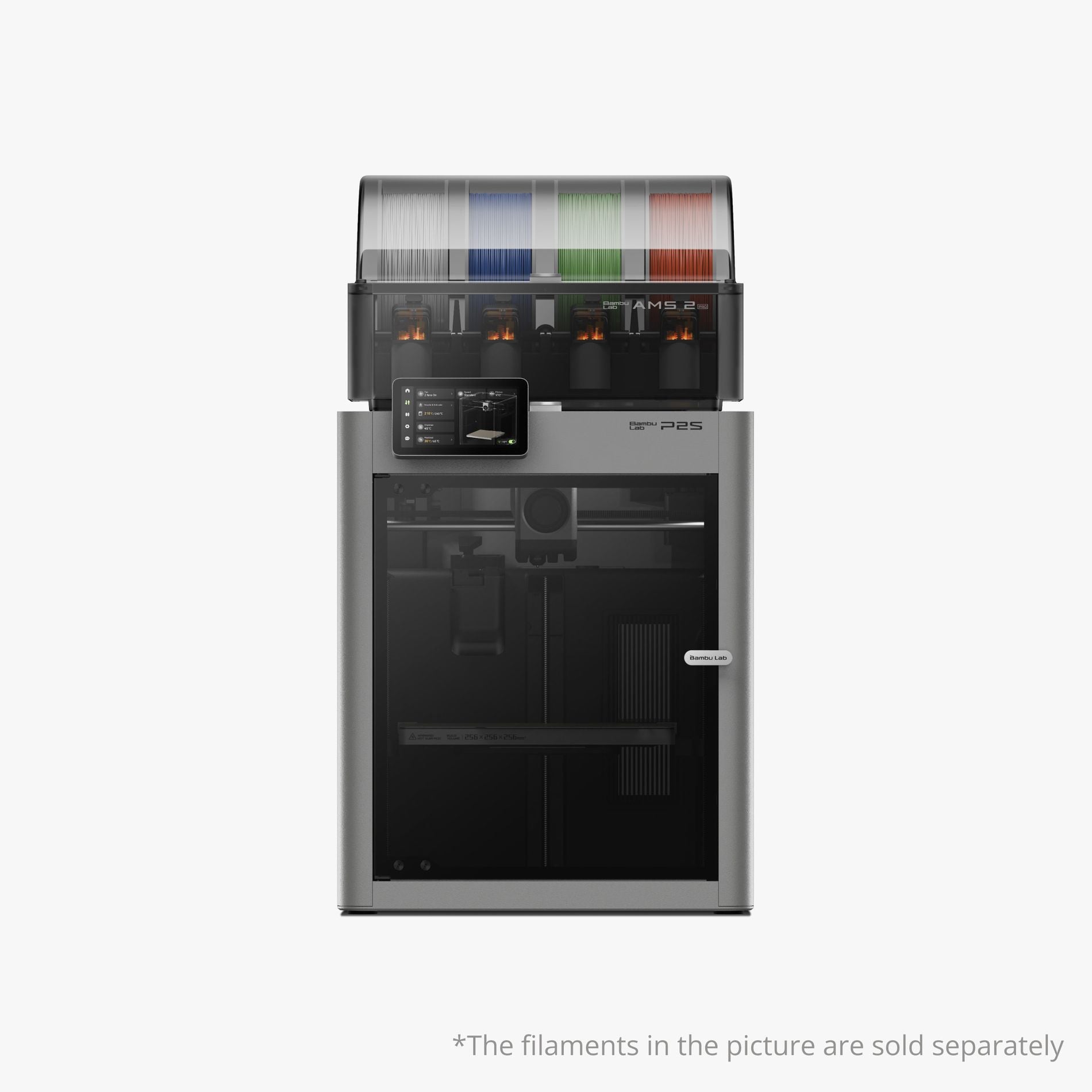 NEX3D USA Bambu Lab P2S 3D printer with sleek design and digital controls, shown with filament and printing platform.