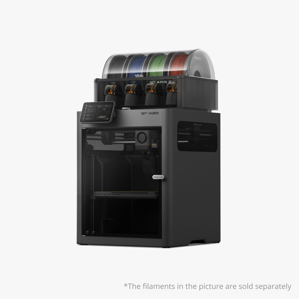NEX3D USA BambuLab X2D Combo 3D printer with AMS 2 Pro and multiple filament spools in a modern workspace.