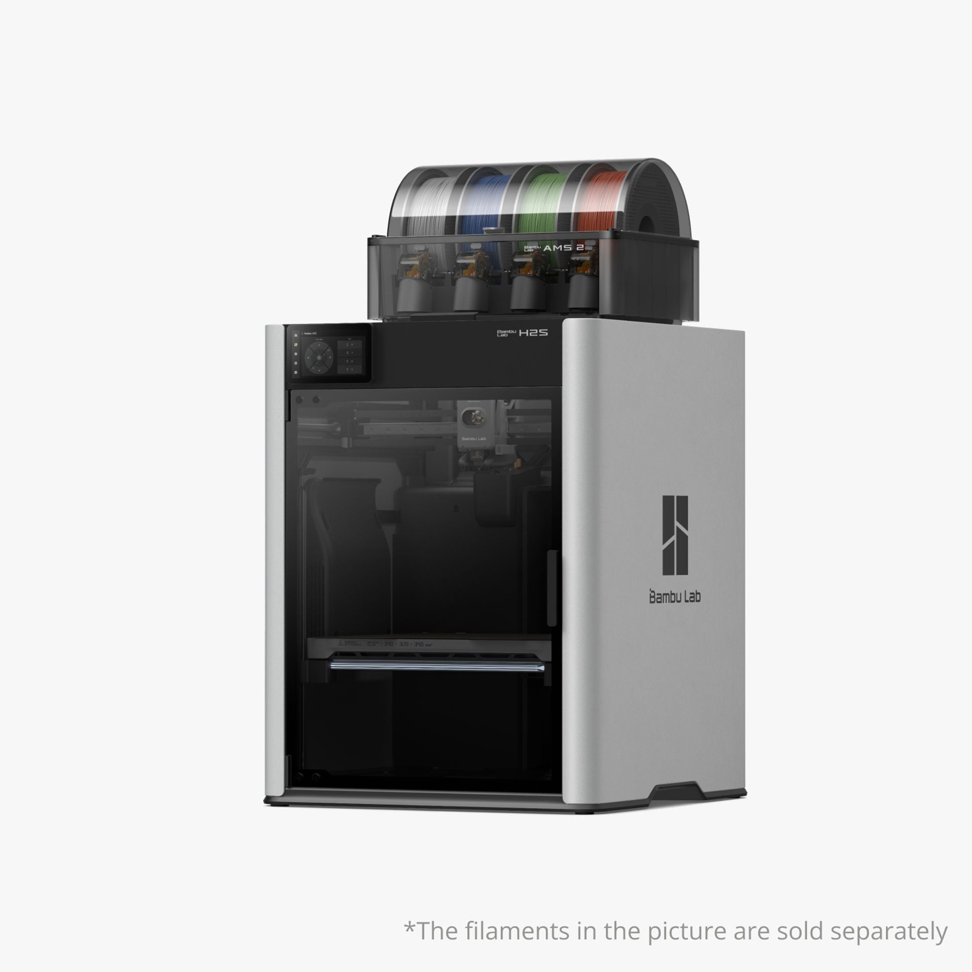 Bambu Lab H2S Series 3D printer with AMS 2 Pro attachment, featuring a sleek design and advanced printing components.