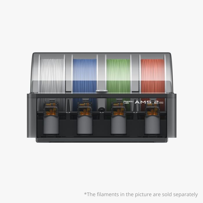 Bambu Lab AMS 2 Pro automatic material system with multiple filament spools and digital control panel for 3D printing.