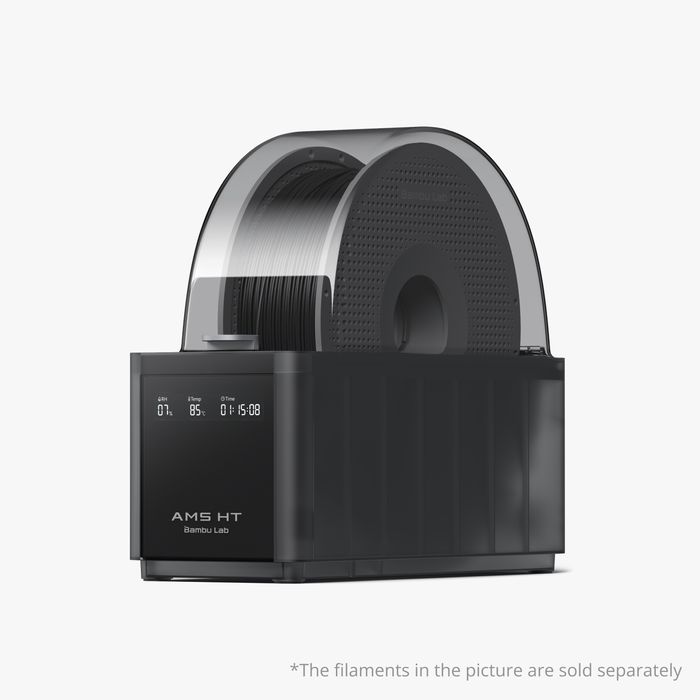 Bambu Lab AMS HT automatic material system with multiple filament spools and control panel for 3D printing.