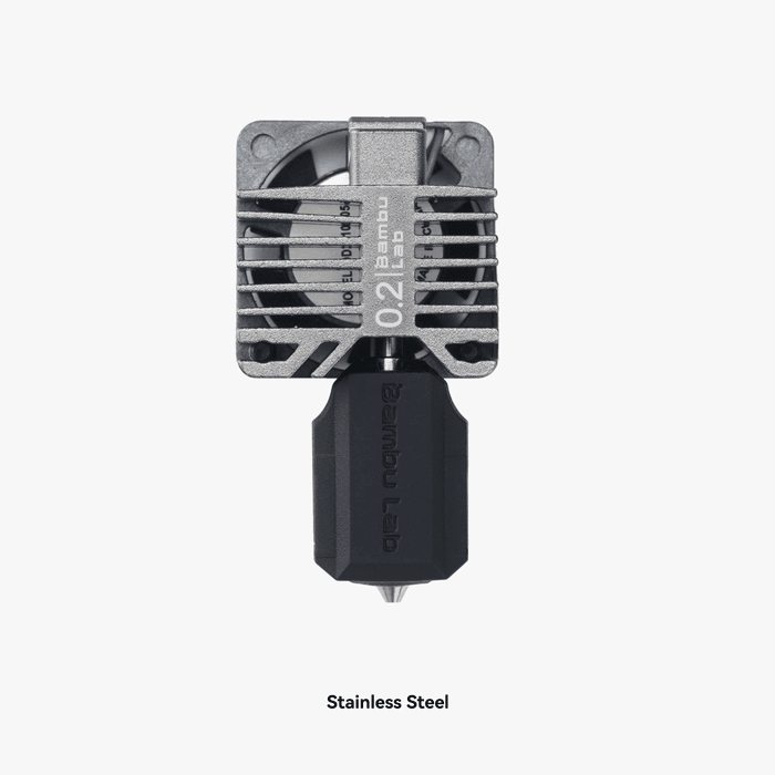 Bambu Lab P1 Series nozzle for hotends and extruders, showing the complete assembly with a 0.2mm nozzle for 3D printing.