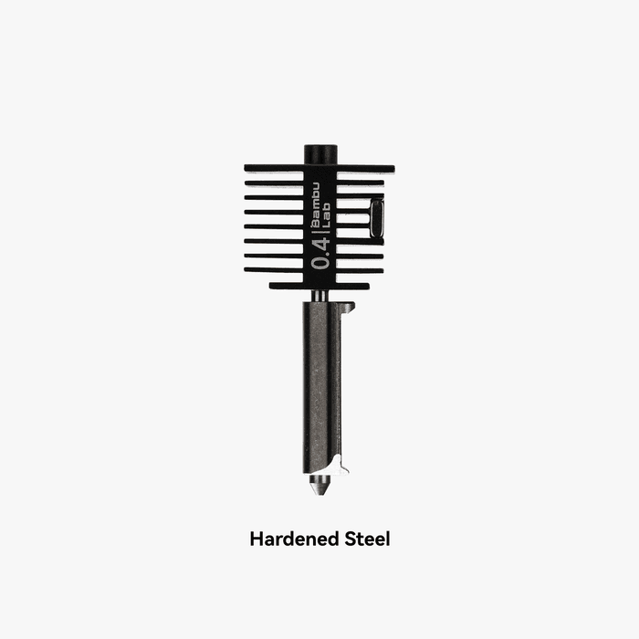 Bambu Lab A1 Series hotend with stainless steel nozzle, 0.4mm, for precise 3D printing in hotends and extruders.