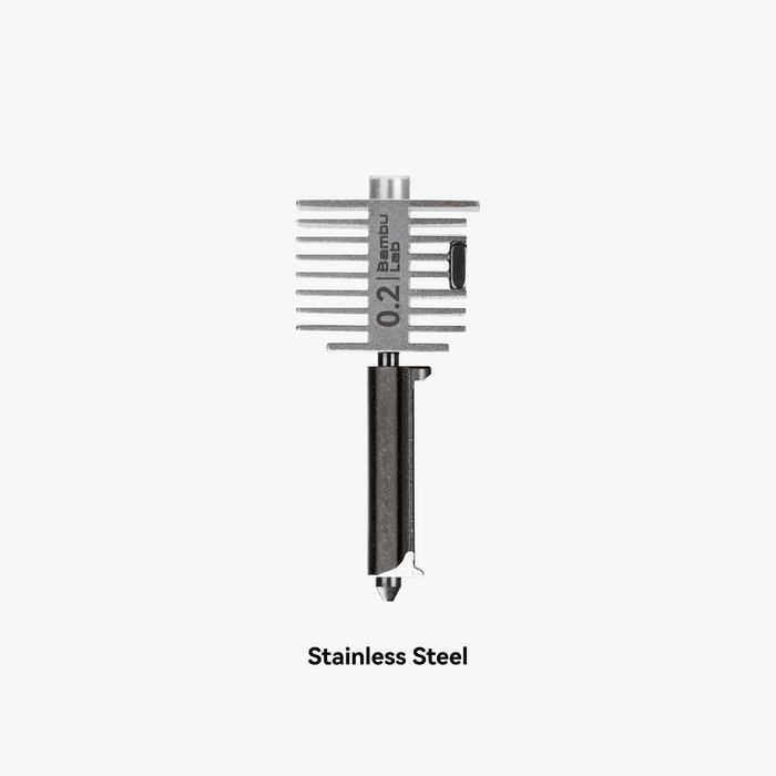Bambu Lab A1 Series hotend and nozzle in stainless steel, 0.4mm diameter, for 3D printing extruders.