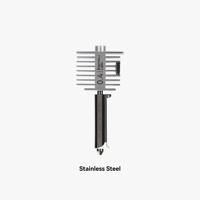 Bambu Lab A1 Series hotend and nozzle in stainless steel, 0.4mm, for 3D printing, part of Bambu Lab hotends & extruders.