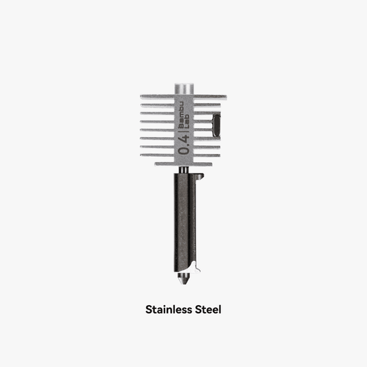 Bambu Lab A1 Series hotend and nozzle in stainless steel, 0.4mm, for 3D printing, part of Bambu Lab hotends & extruders.
