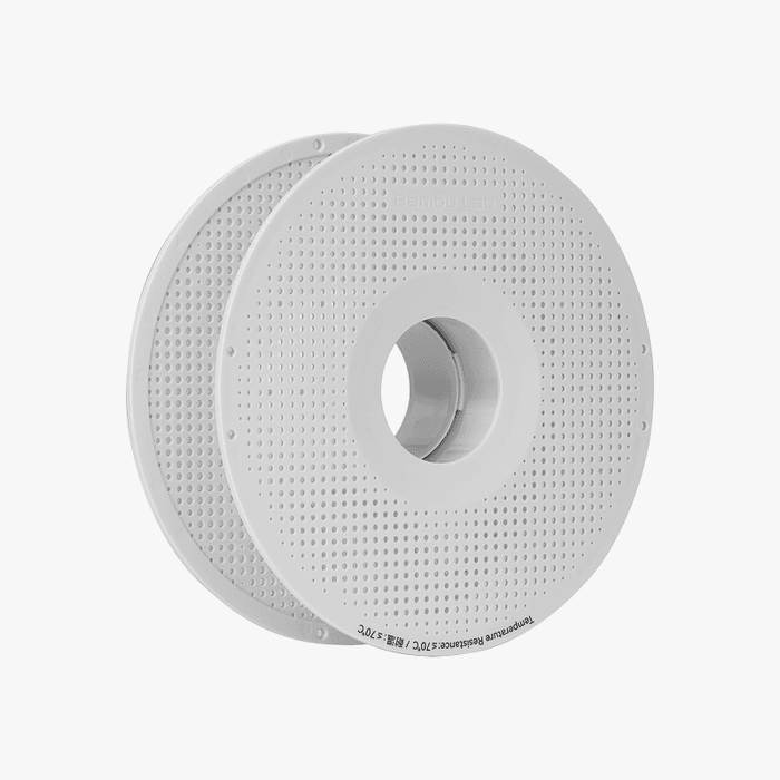 Bambu Lab reusable spool for 3D printing filament, made of durable bamboo material, with a natural finish and compact design.