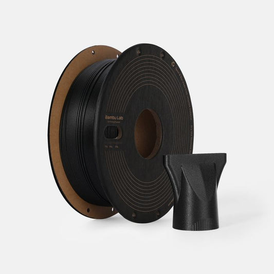 Black Bambu Lab PA-CF filament spool for 3D printing, featuring lightweight carbon fiber reinforced material.