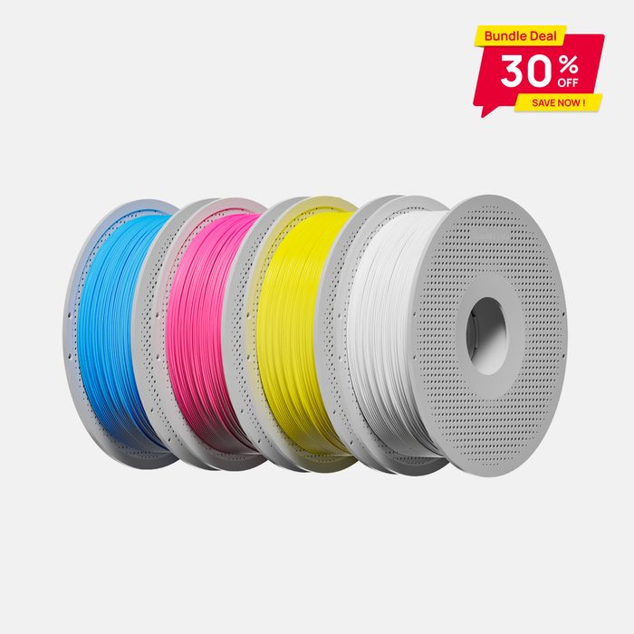 Bambu PLA Basic CMYK filament set with cyan, magenta, yellow and white spools
