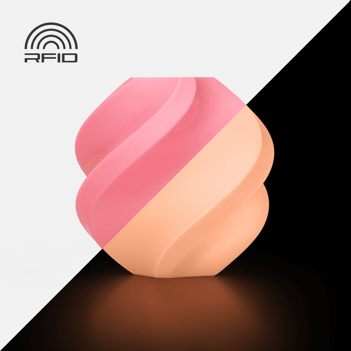 Bambu PLA Glow - Pink 3D-printed color sample, shown in daylight and glowing in the dark