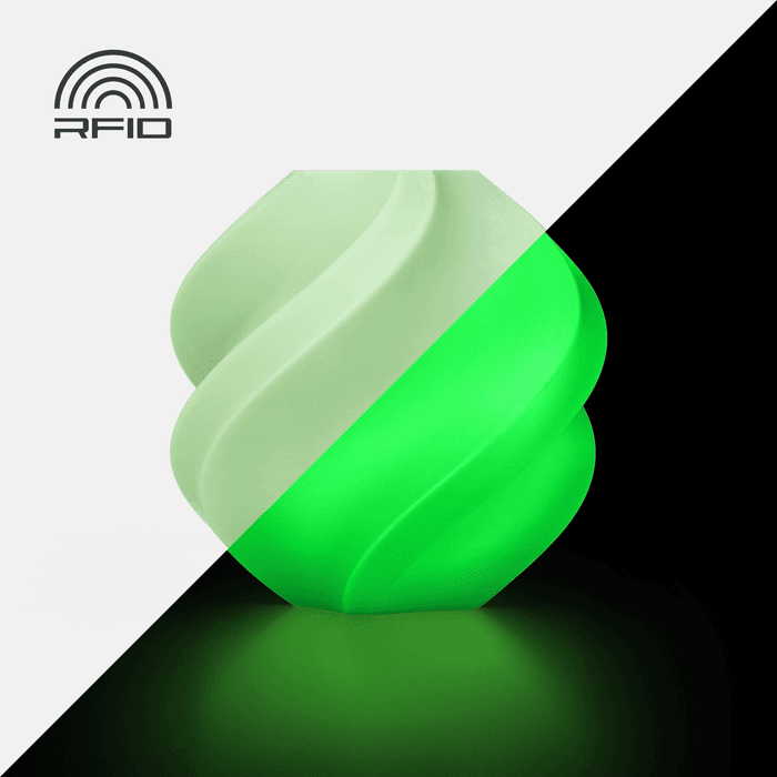 Bambu PLA Glow - Green 3D-printed color sample, shown in daylight and glowing in the dark