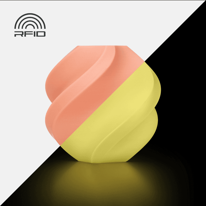 Bambu PLA Glow - Orange 3D-printed color sample, shown in daylight and glowing in the dark