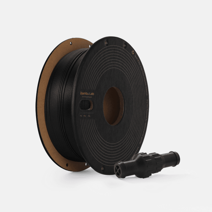 Black Bambu PPS-CF filament spool from Bambu Lab, showing the filament wound on the spool for 3D printing use.