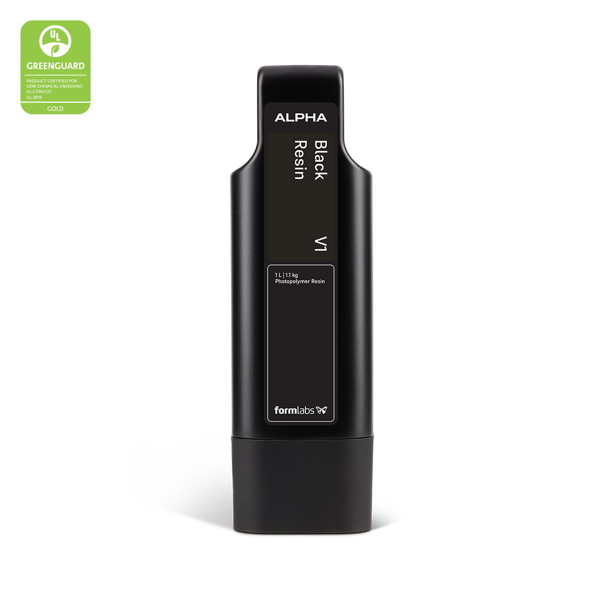 Formlabs Alpha Resin 1L bottle, a clear plastic container of 3D printing material used for high-detail resin printing.