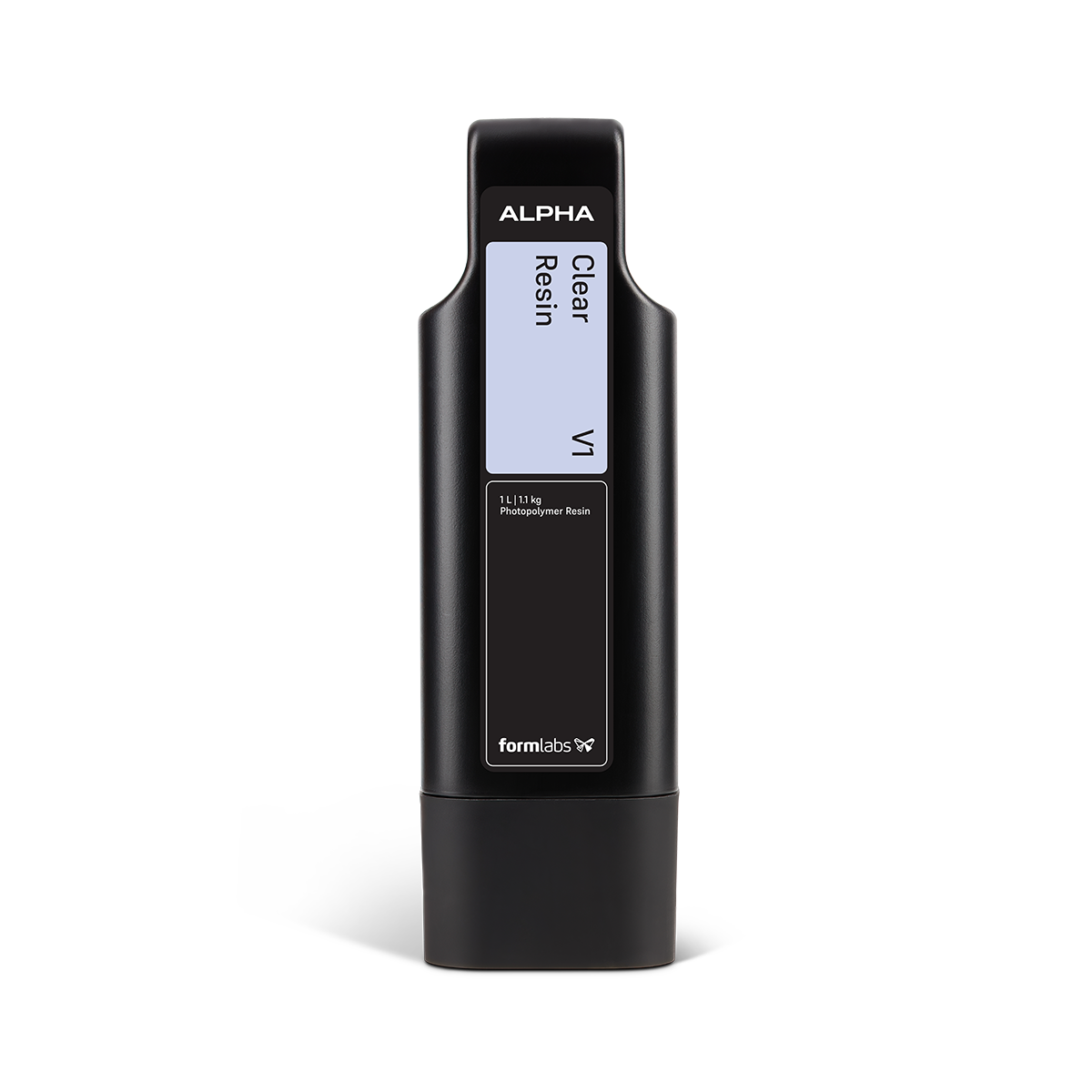 Formlabs Alpha Resin 1L container, a high-quality 3D printer material in a clear bottle, designed for detailed resin printing.