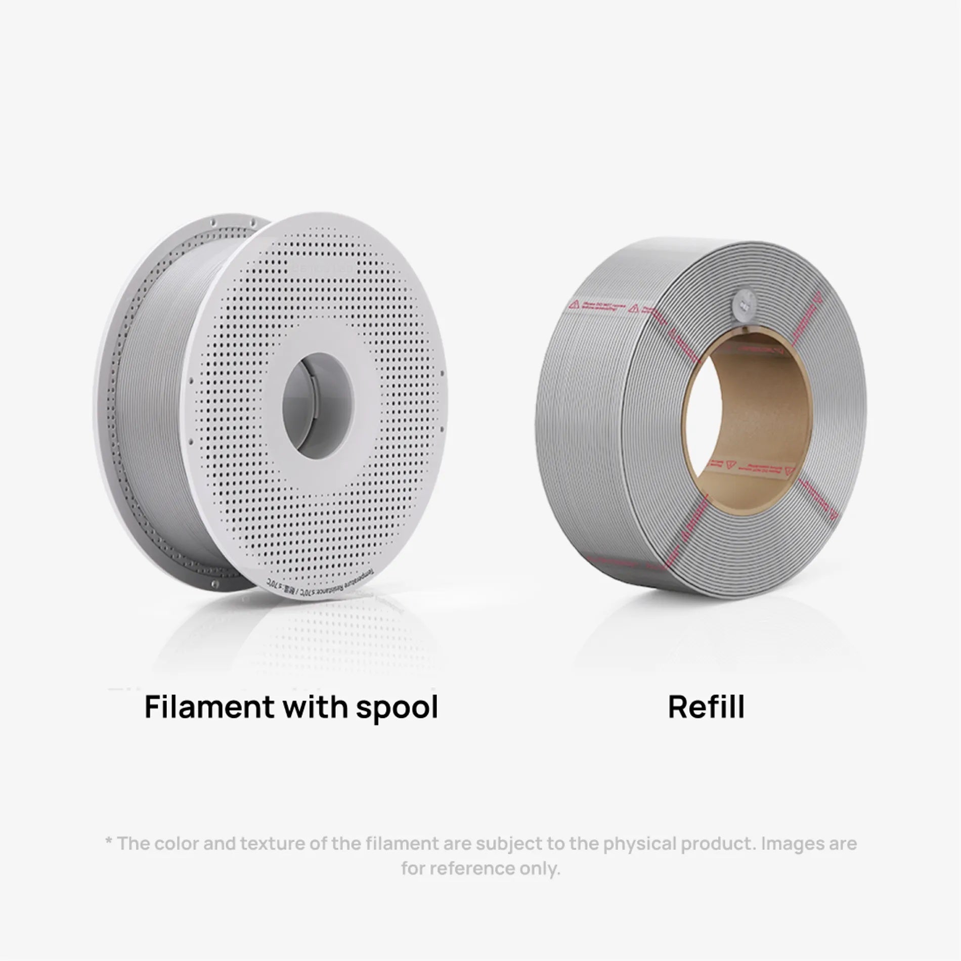Filament with spool includes the reusable spool. A refill has no spool and requires a compatible reusable spool.